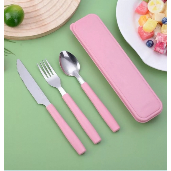 Jogo de Talher Com Estojo Inox 3 peças Com Cabo De Plástico Marmita