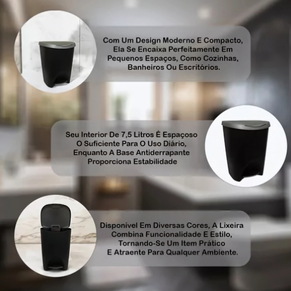 Lixeira 7,5L Cesto Pedal Lixo Banheiro Resistente Escritório