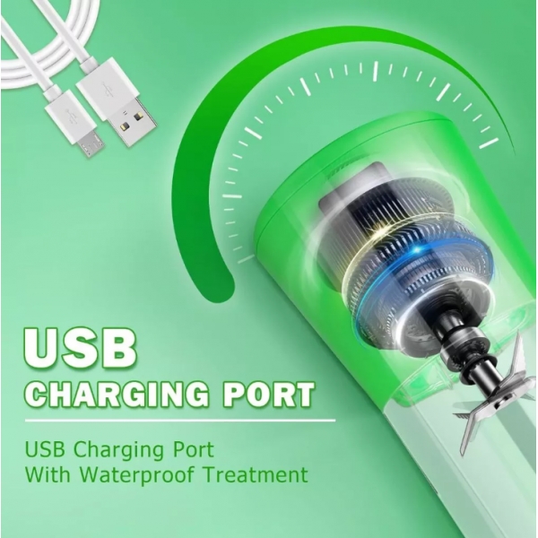 Mini Liquidificador Portátil Recarregável Com 6 Lâminas 380ML Cabo USB