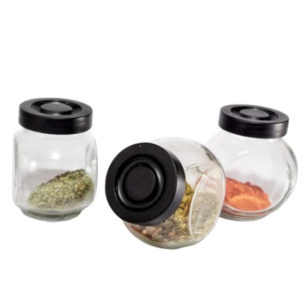 Kit 4 Potes de Vidro para Condimentos 180ml com Tampa Preta porta temperos