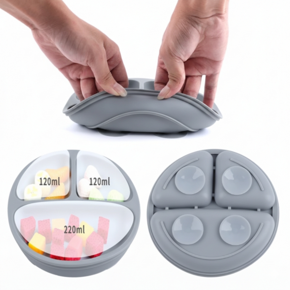 Kit 6 Alimentação Bebê Silicone Prato Babador Copo Tigela Cor Cinza Introdução Alimentar infantil