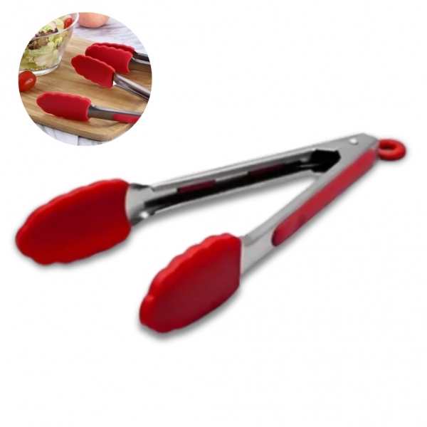 Pinça Pegador Culinário Silicone 30 Cm Multiuso Inox Fritura Vermelho