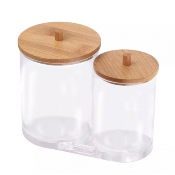 Porta Cotonete Algodão Duplo Com Tampa Bambu Acrilico