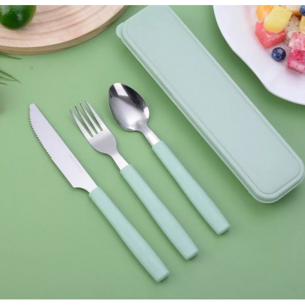 Jogo de Talher Com Estojo Inox 3 peças Com Cabo De Plástico Marmita