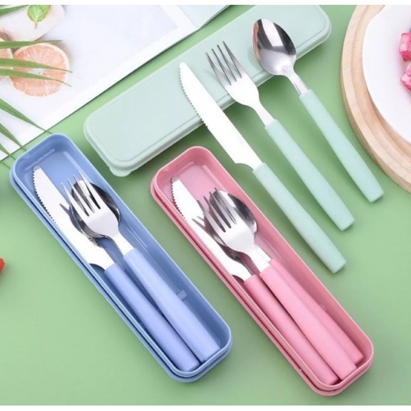 Jogo de Talher Com Estojo Inox 3 peças Com Cabo De Plástico Marmita