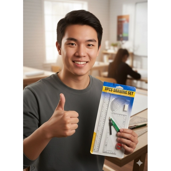 Kit Escolar de Geometria 8 Peças Completo com Compasso e Réguas