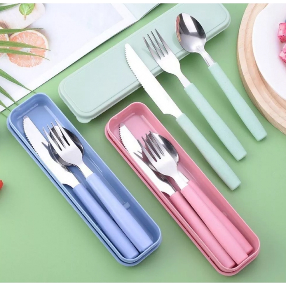 Jogo de Talher Com Estojo Inox 3 peças Com Cabo De Plástico Marmita