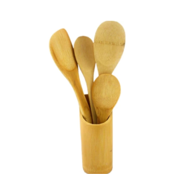 Kit Utensílios de Cozinha Bambu 5 Peça c/ Suporte
